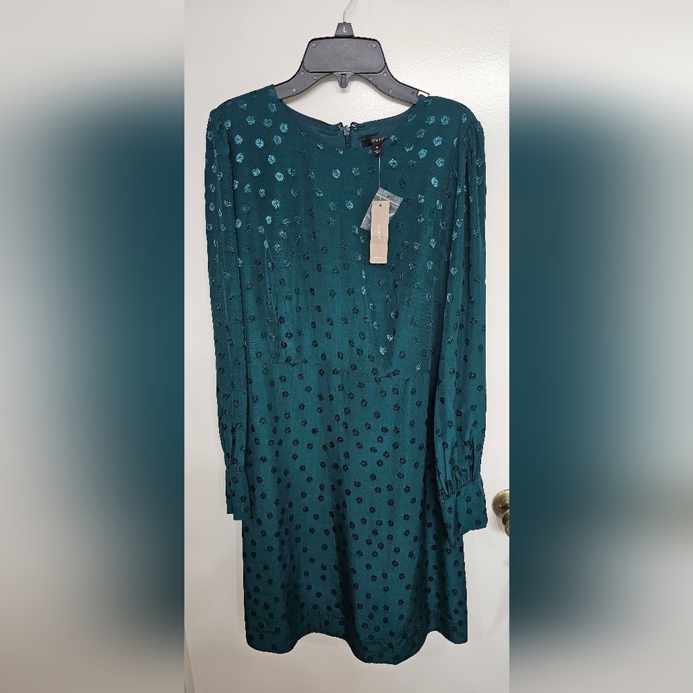J. Crew Jacuard Floral Dots Green Sheath Dress with Bishop Sleeves